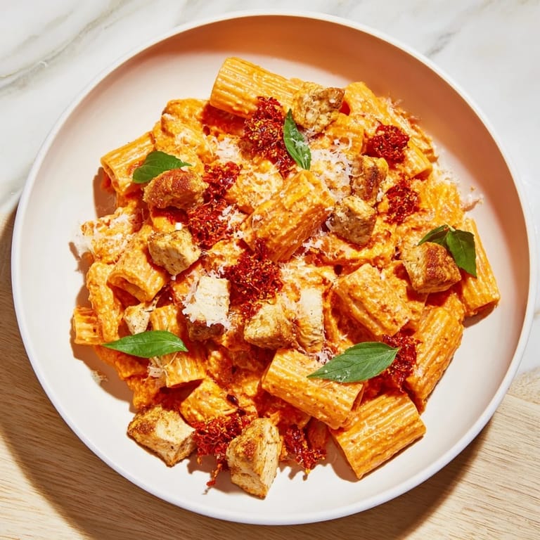 Tender chicken and fiery chili crisp highlight this Spicy Vodka Chicken Pasta, ready to serve and enjoy.