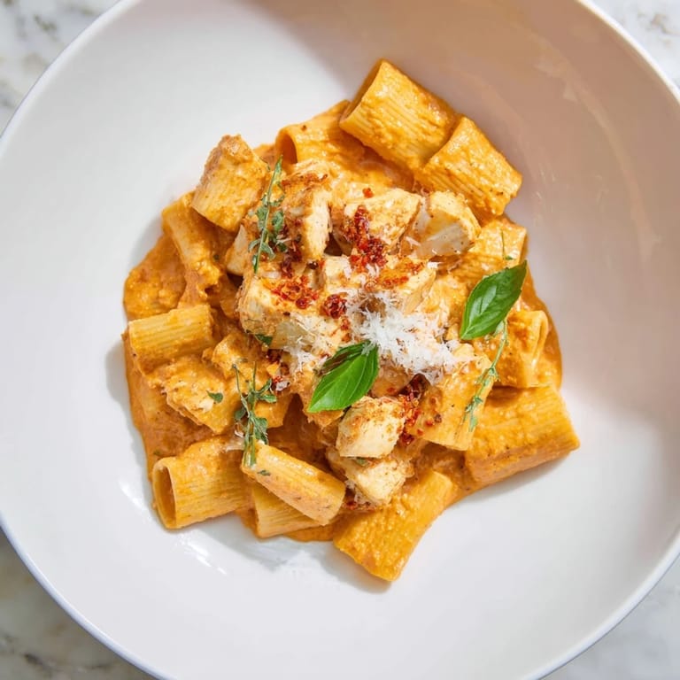 This image shows a comforting bowl of Spicy Vodka Chicken Pasta, garnished with fresh basil leaves.