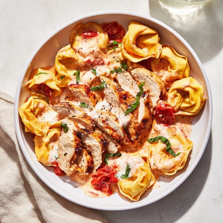 Close-up of a serving of rich Marry Me Chicken Tortellini with visible cheese tortellini and chicken.