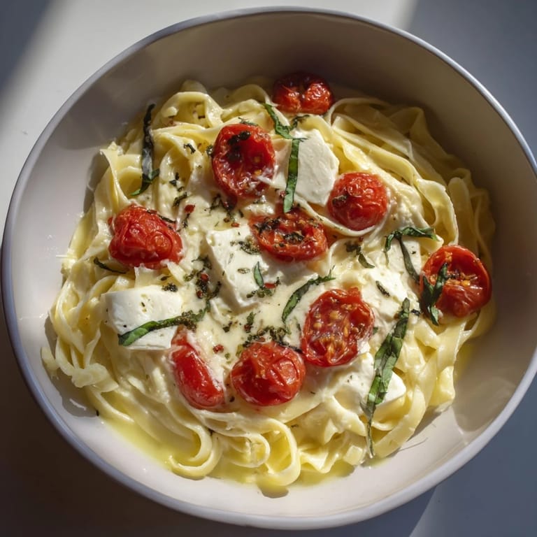 Golden-baked brie melts into a vibrant Baked Brie Pasta Sauce, a perfect Italian-inspired vegetarian dish.