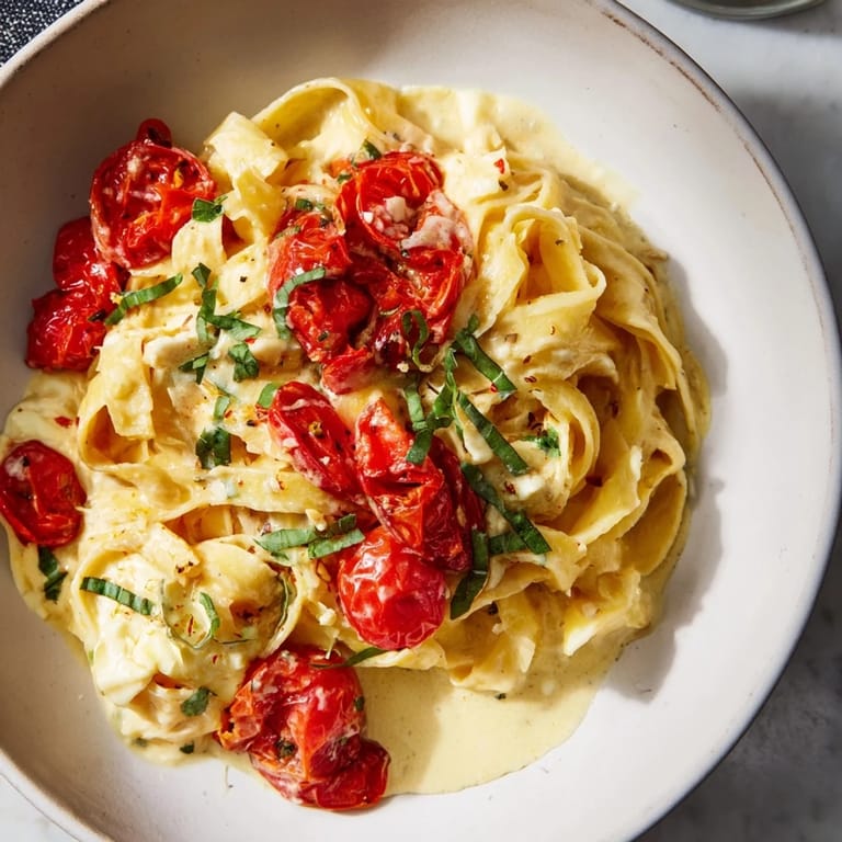 Fettuccine coated in the luscious Baked Brie Pasta Sauce, topped with fresh basil and pepper.