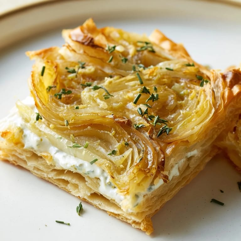 Freshly baked Caramelized Onion Tart, featuring Gruyère cheese and thyme, with a rustic pastry crust.