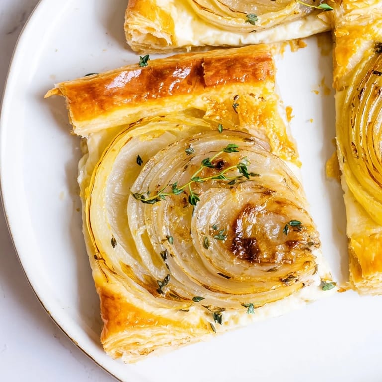 A delicious close-up of the easy Caramelized Onion Tart; perfect for a vegetarian appetizer.