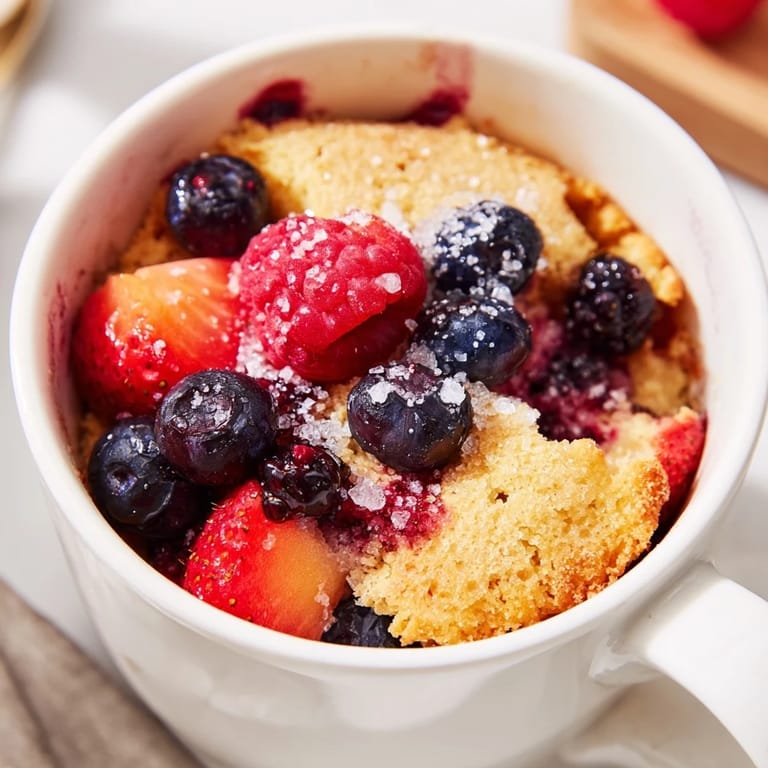 Close-up shot shows a Mixed Berry Cobbler Mug Cake with a tender texture, perfect for quick dessert.