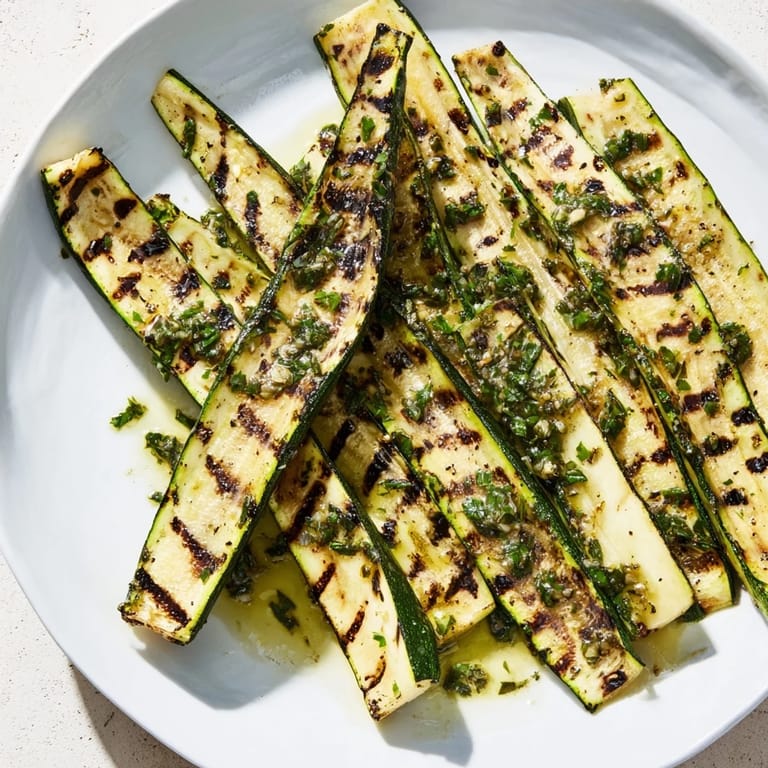 Golden-brown Garlic Herb Grilled Zucchini slices are arranged artfully, ready to be served on a platter.