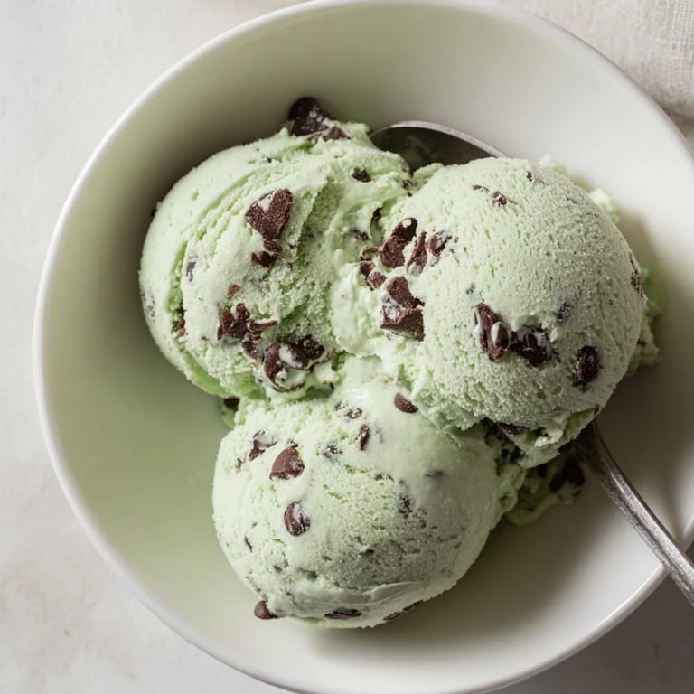 Homemade Mint Chocolate Chip Ice Cream scoop, with visible chocolate and a refreshing mint aroma.