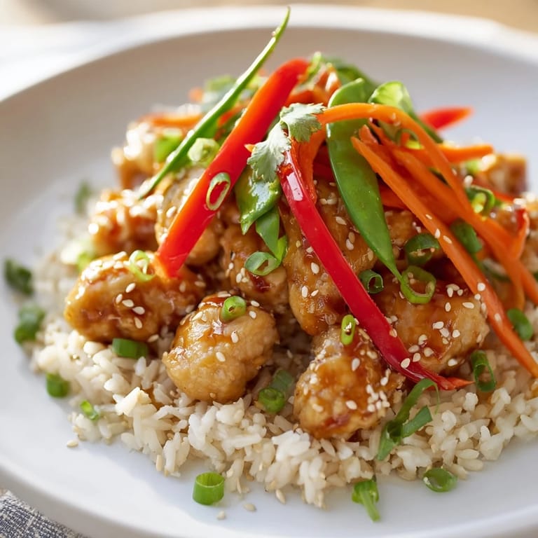 A close-up view displaying ingredients in a vibrant Sesame Ginger Rice Bowl, drizzled with flavorful sauce.