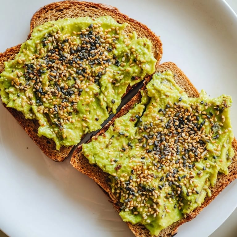Crispy toasted bread topped with mashed avocado and everything bagel seasoning for flavorful avocado toast.