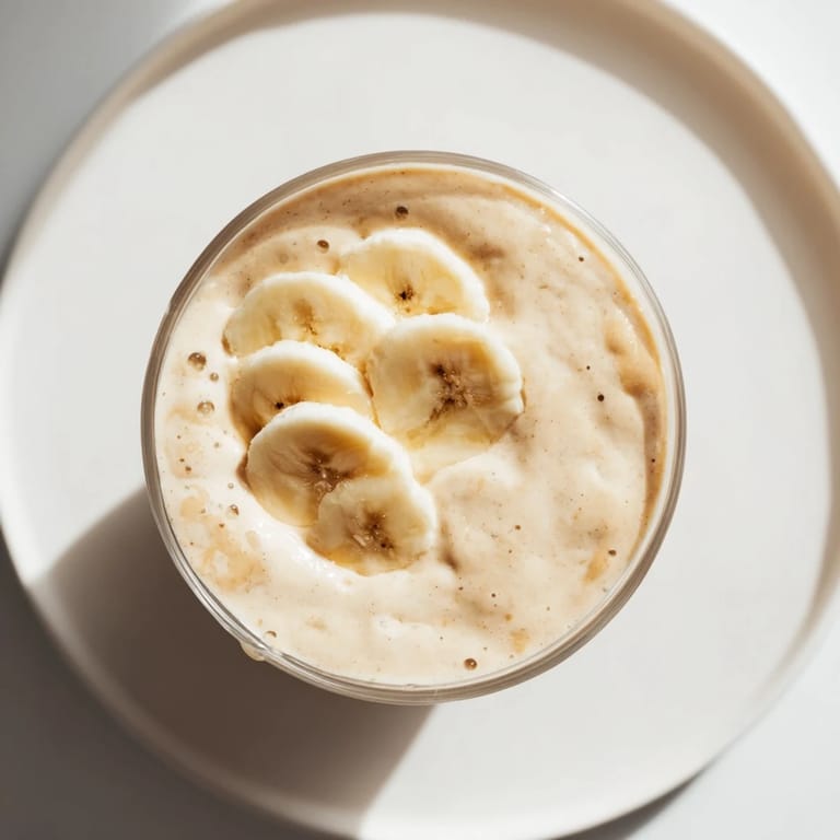 Thick, blended Peanut Butter Banana Smoothie, with flecks of banana, ideal for a quick, healthy snack.