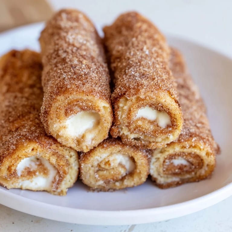 Close-up of freshly fried Easy French Toast Roll-Ups, offering a delicious cinnamon sugar and filling aroma.