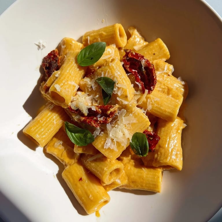 This beautiful bowl displays Creamy Sun-Dried Tomato Pasta, the perfect, easy Italian-American comfort food.