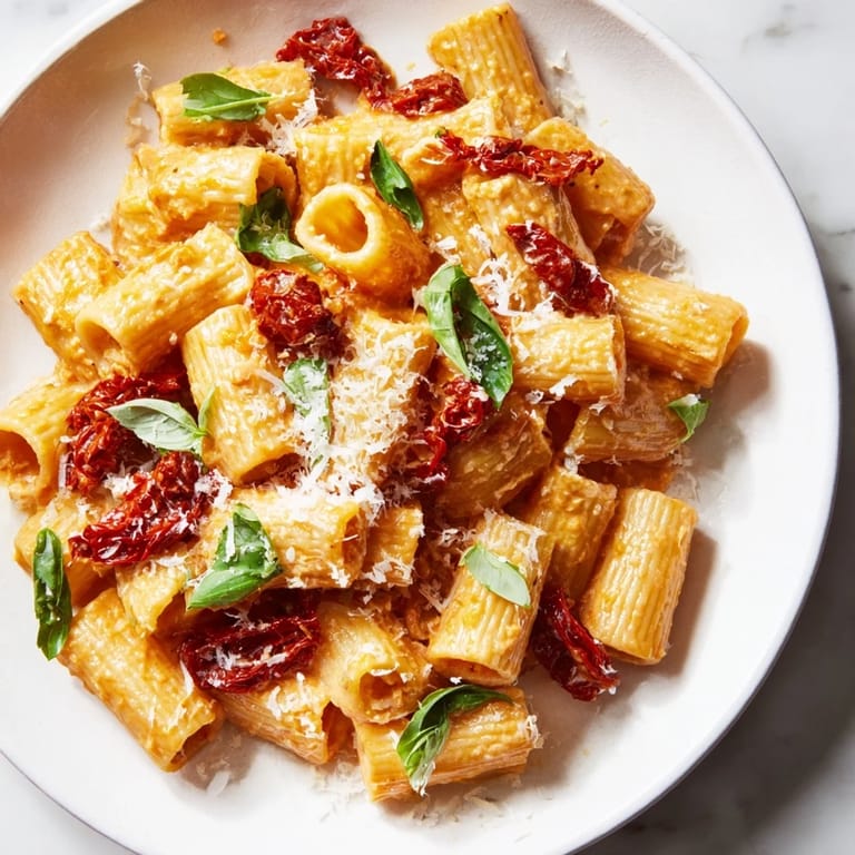 Rich and flavorful Creamy Sun-Dried Tomato Pasta, enveloped in a creamy sauce, garnished with Parmesan cheese.
