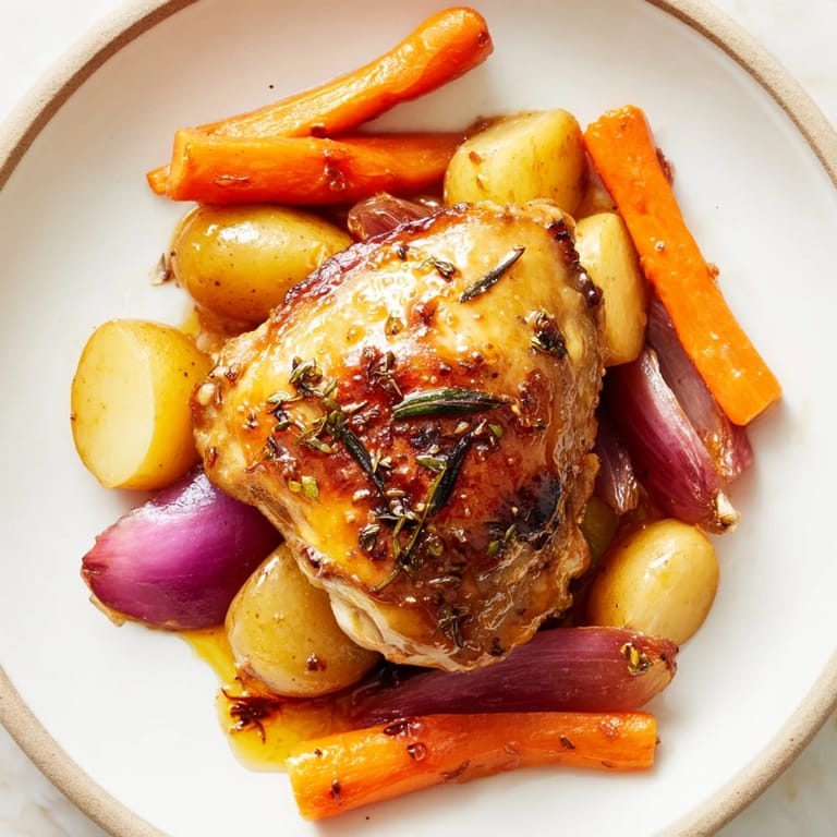 Savory and sweet Maple Dijon Chicken Thighs nestled with carrots and potatoes, inviting and flavorful.