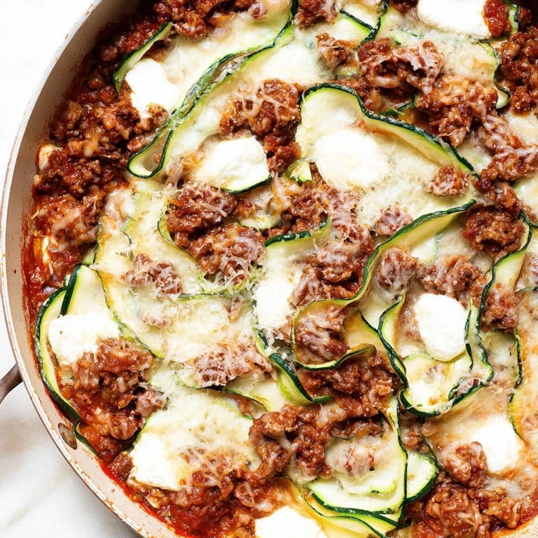 This low-carb Zucchini Lasagna Skillet features layers of savory beef, creamy ricotta, and bubbling cheese, delicious.