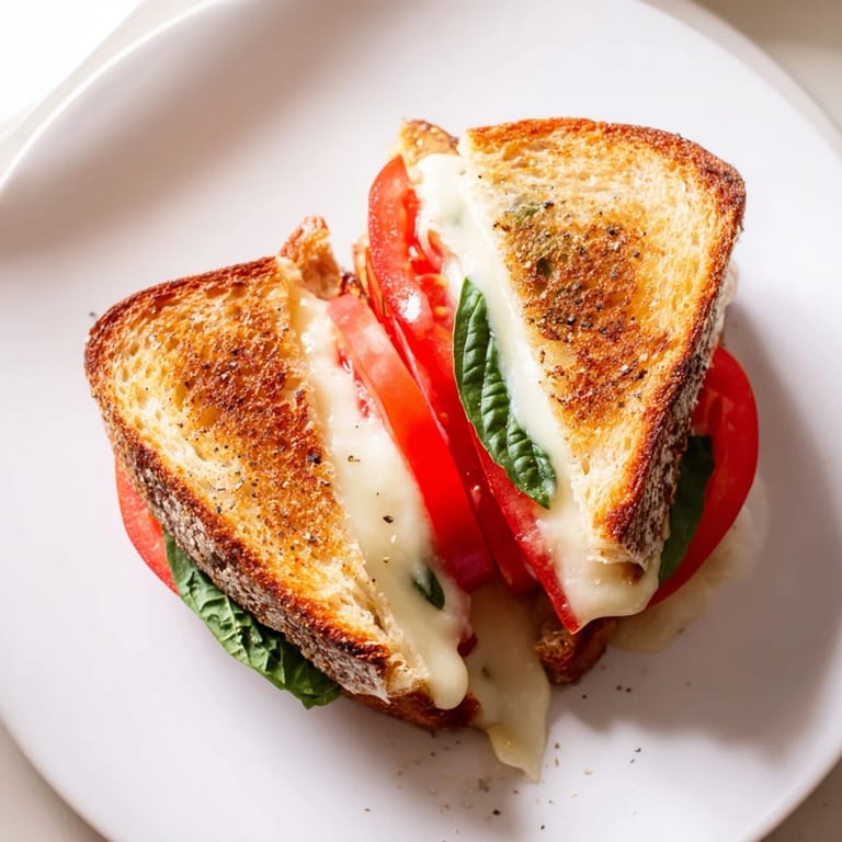Perfectly grilled Tomato Basil Grilled Cheese, oozing melted cheese, a classic American comfort food sandwich.