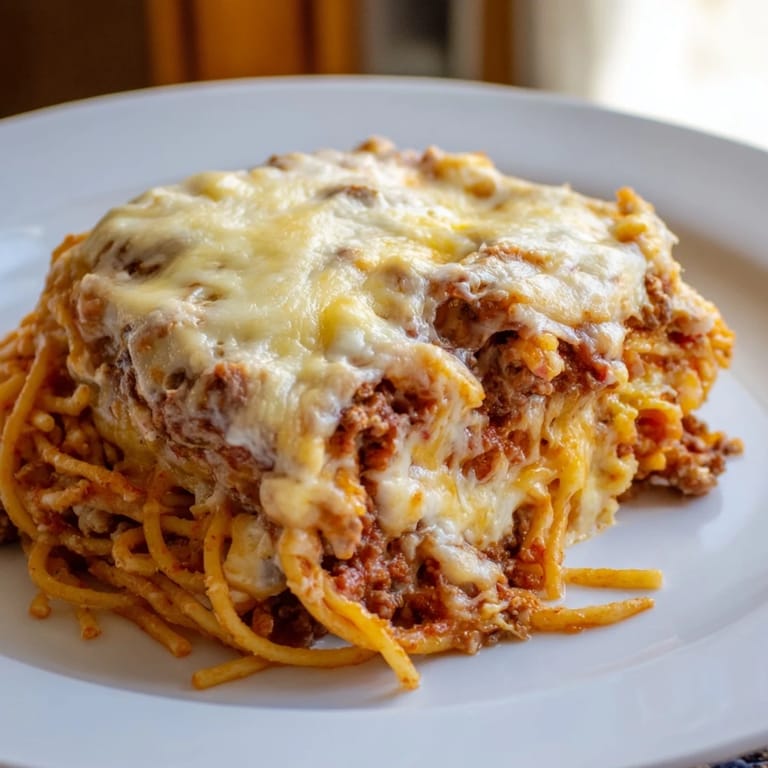A close-up shot of steaming Million Dollar Spaghetti, with layers of rich meat sauce and melted cheese.