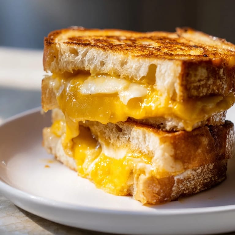 A close-up shot of a comforting mayo grilled cheese, showcasing the melted cheese pull and crispy bread slices.