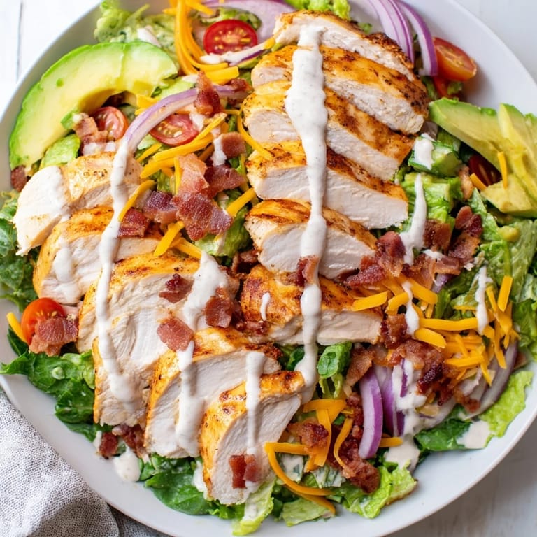 Freshly assembled crispy bacon chicken salad, ready to be tossed with creamy ranch dressing and served.