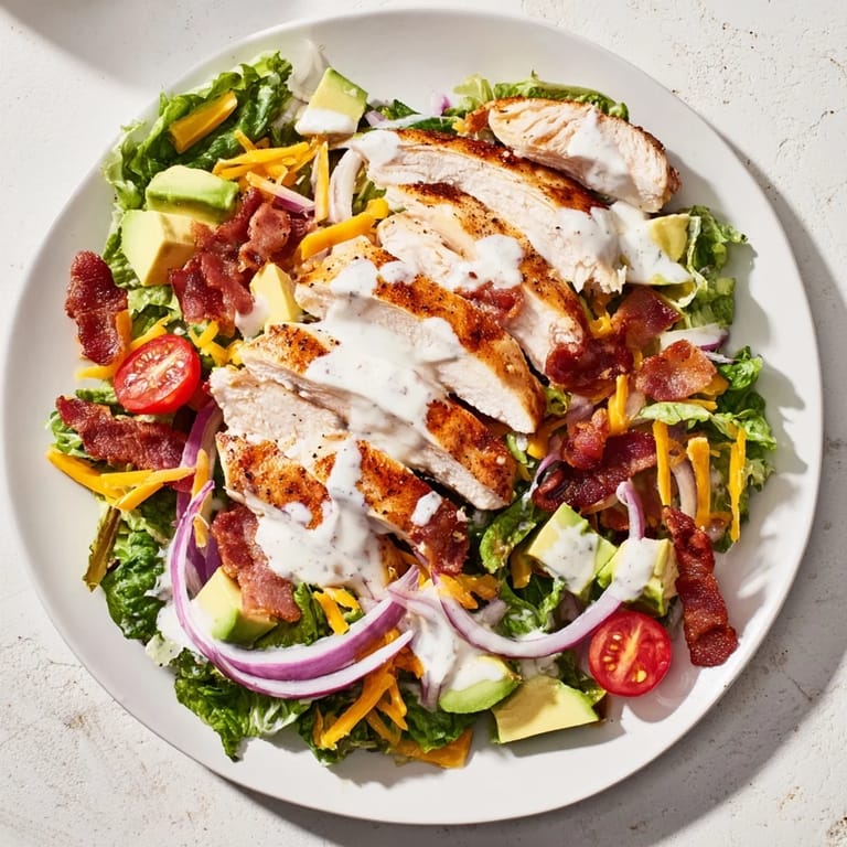 A close-up view of a delicious, colorful crispy bacon chicken salad, perfect for lunch or dinner.
