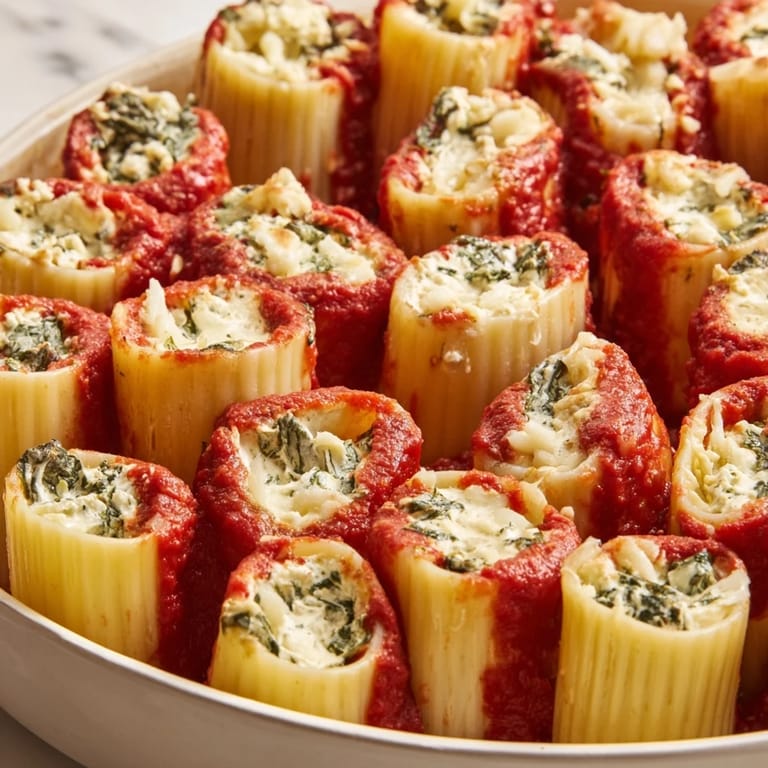 Upright rigatoni tubes create stunning Honeycomb Pasta Bake, filled with creamy cheese and baked to perfection.