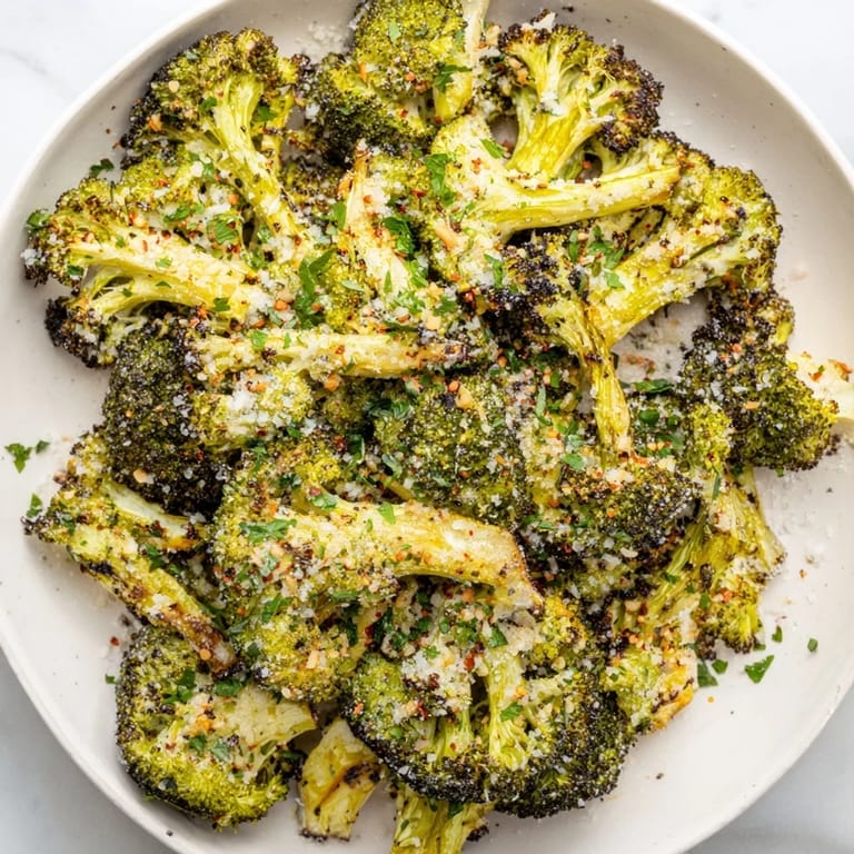 A close-up of perfectly roasted Garlic Parmesan Roasted Broccoli, smelling of garlic and cheese.