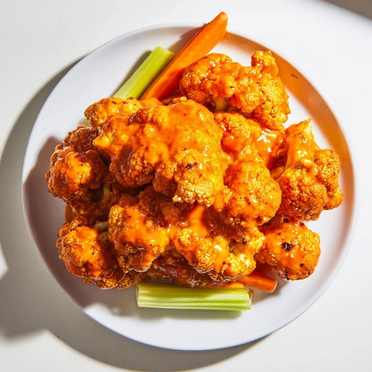 Plate of flavorful Buffalo Cauliflower Bites, freshly made with a side of cooling ranch dressing.