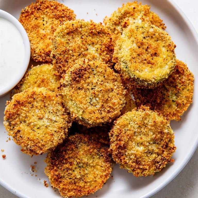 Close-up of air-fried Crispy Fried Pickles, showcasing the golden breading and juicy pickle filling ready to eat.