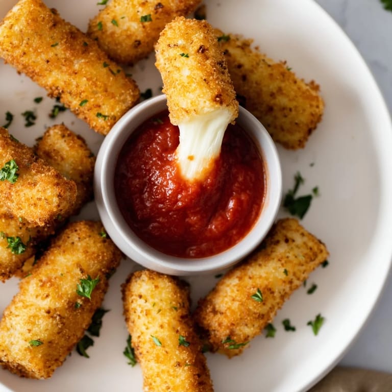 Melted cheese perfection: air fryer mozzarella sticks, lightly browned, ready to dip in rich, red marinara.