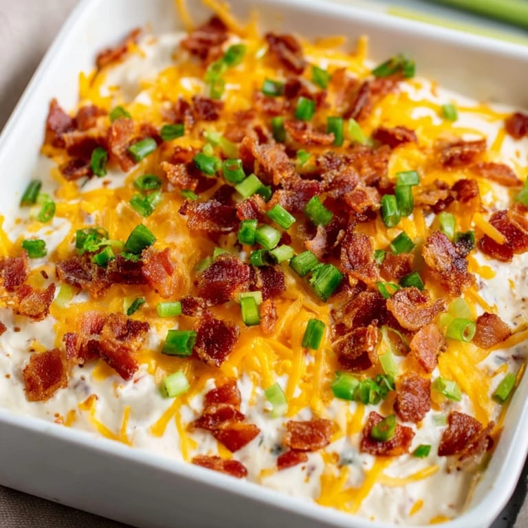 Sizzling, baked Cheesy Bacon Ranch Dip: a creamy, cheesy dip perfect for game day gatherings.