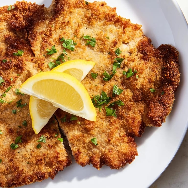 Crispy-coated Wiener Schnitzel, the classic Austrian main dish, revealing juicy veal beneath the golden crust.