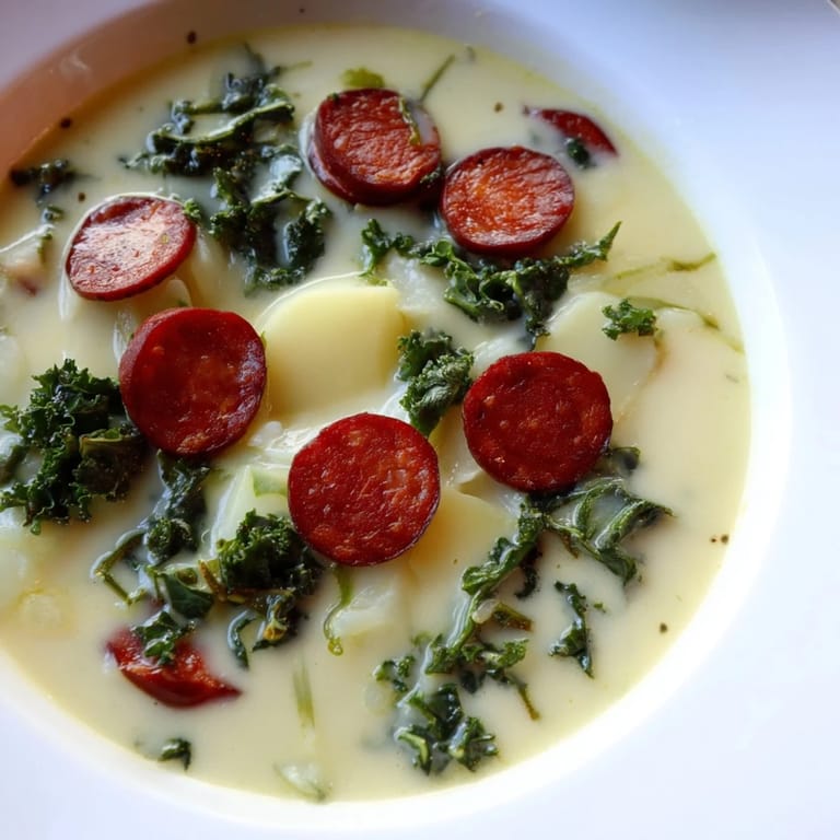 Warm bowl of Portuguese Caldo Verde, showcasing the rich broth and wilted kale, perfect for a cold evening.