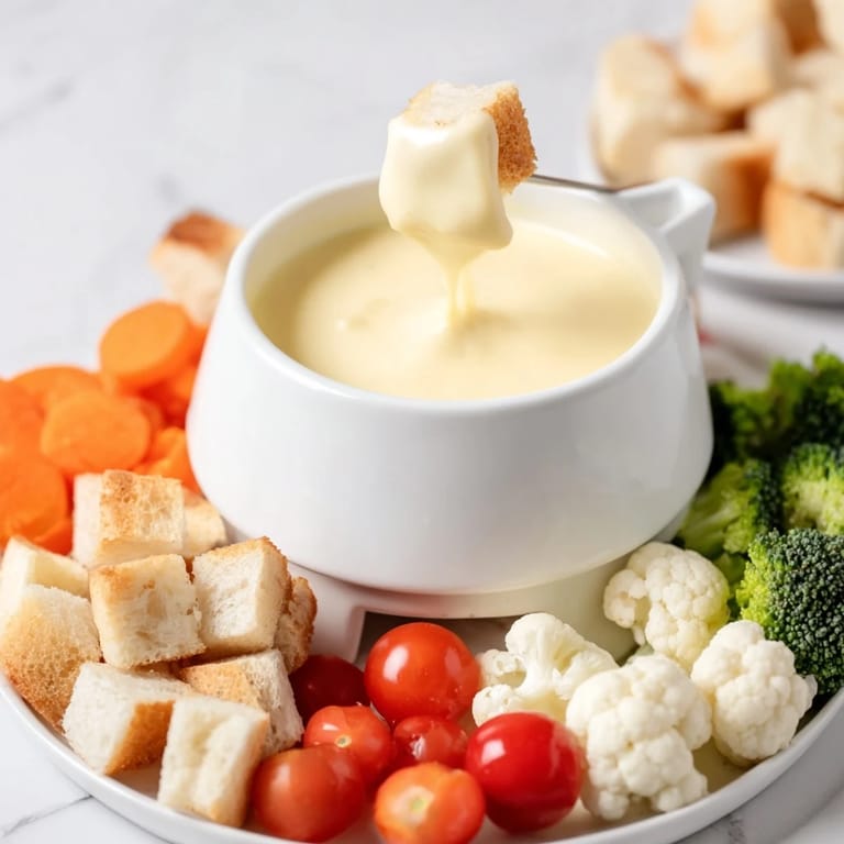Get ready to savor this Swiss cheese fondue, perfect for dipping, creating delightful, cheesy moments.