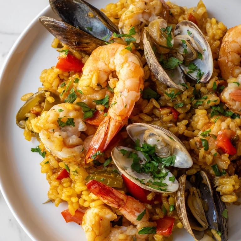 A steaming, aromatic bowl of Spanish seafood paella reveals tender rice and plump shellfish after cooking.