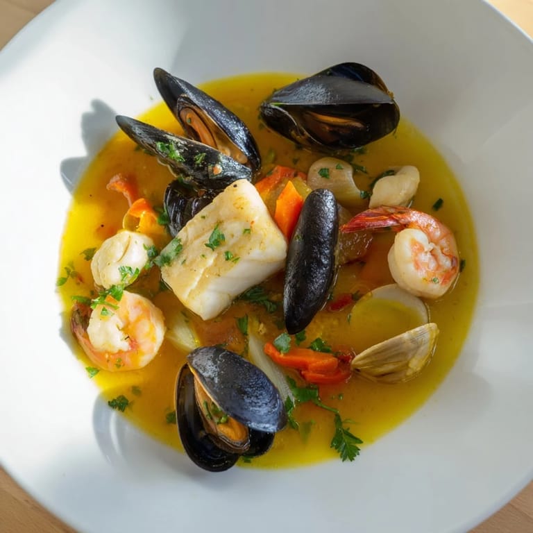 Close-up of a rustic bouillabaisse, highlighting the fresh seafood and flavorful broth beautifully.