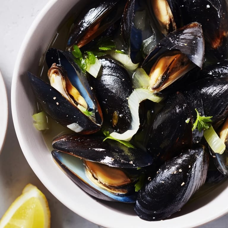 Flavorful Belgian Moules Marinière, a classic seafood dish featuring plump mussels, ready for scooping.