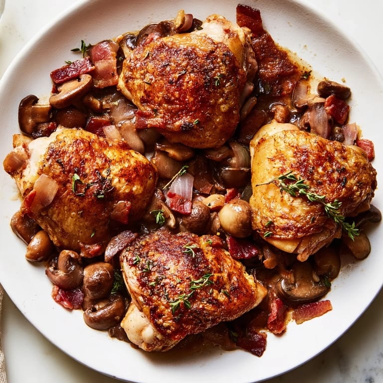 Delicious Coq au Vin, a French classic with braised chicken and savory mushrooms, perfect for dinner.