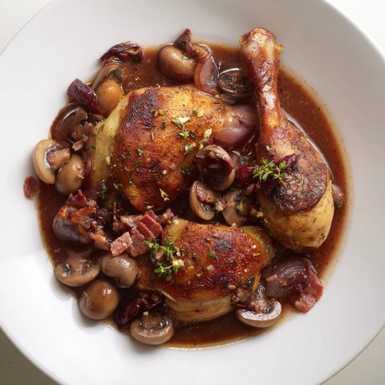 Golden-brown chicken pieces simmering in rich red wine for this aromatic Coq au Vin recipe.