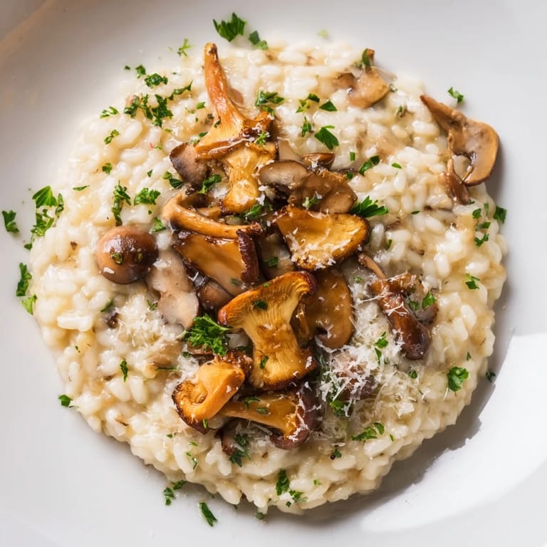 A close-up view of Italian mushroom risotto, rich and inviting, ready to be served.