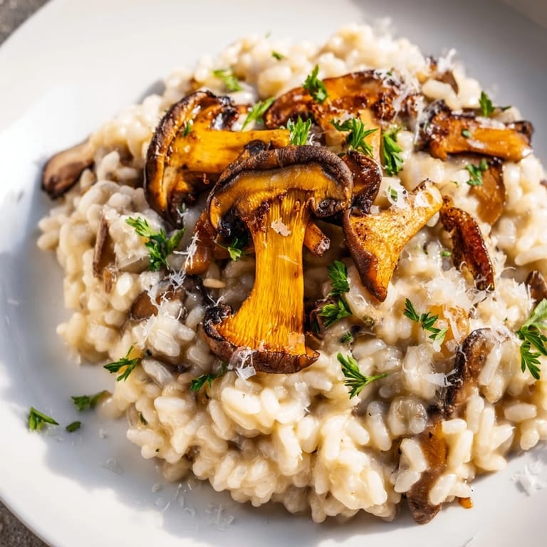 Steaming bowl of delicious Italian mushroom risotto, fragrant and brimming with wild mushrooms.
