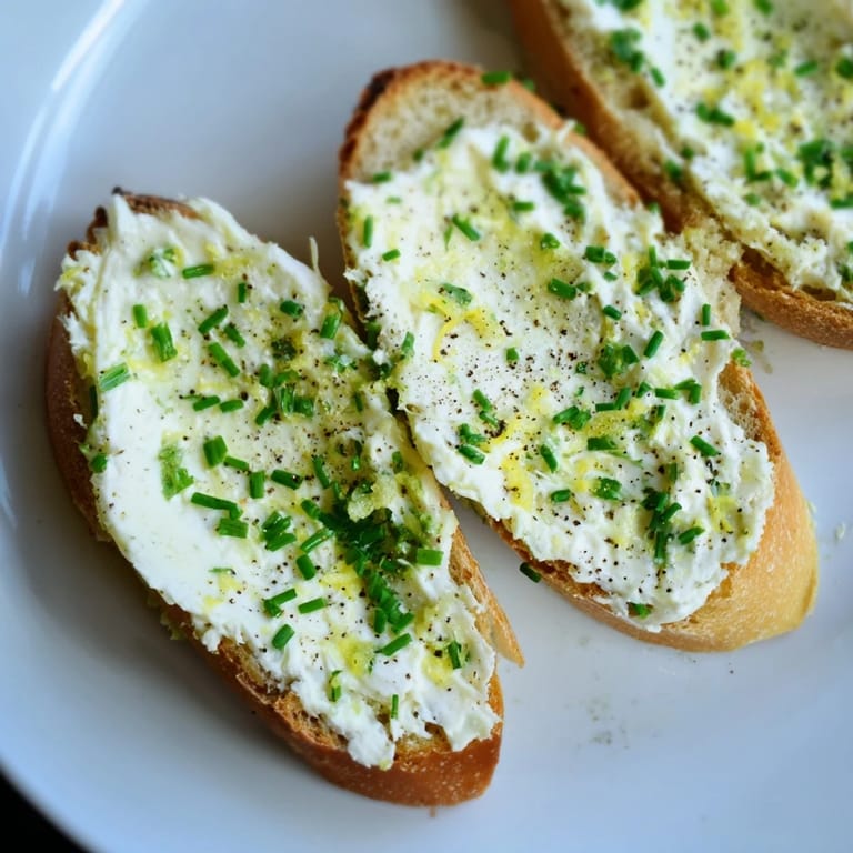 Freshly baked vodka butter crostini garnished with herbs and pepper, ready for an elegant cocktail party.  