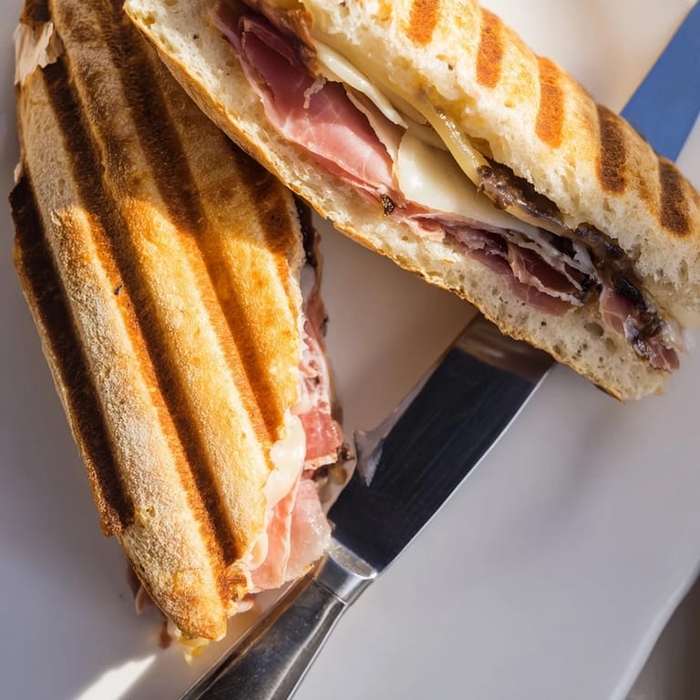 Close-up of a warm Crispy Prosciutto & Fig Panini with crispy bread and prosciutto, ready to serve.