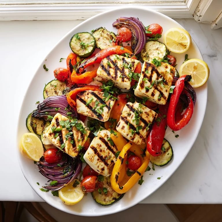 Sizzling halloumi cheese steak with charred vegetables and lemon wedges, served as a hearty vegetarian dinner.