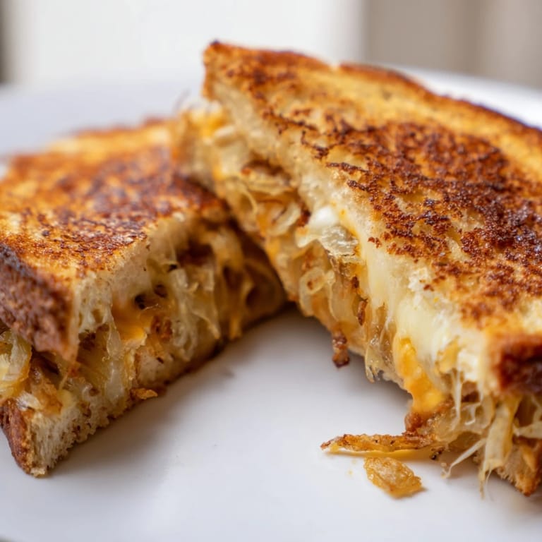 Buttery grilled cheese with crispy onions inside, served hot with melted cheddar and mozzarella for a comforting crunch.