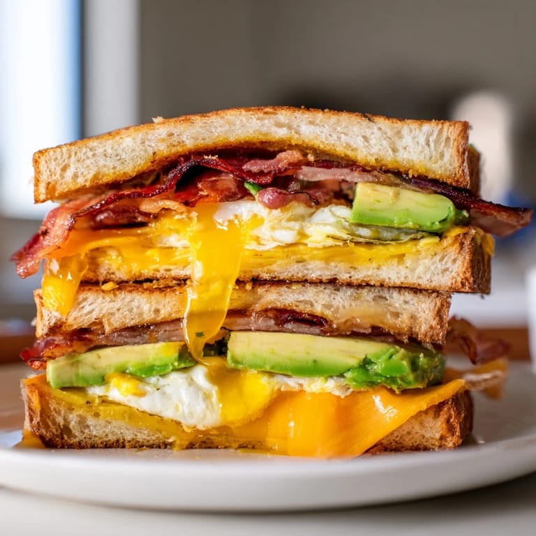 This delicious Loaded Breakfast Sandwich features layers of savory bacon, ripe avocado, and melted cheese stacked on buttery toasted bread.