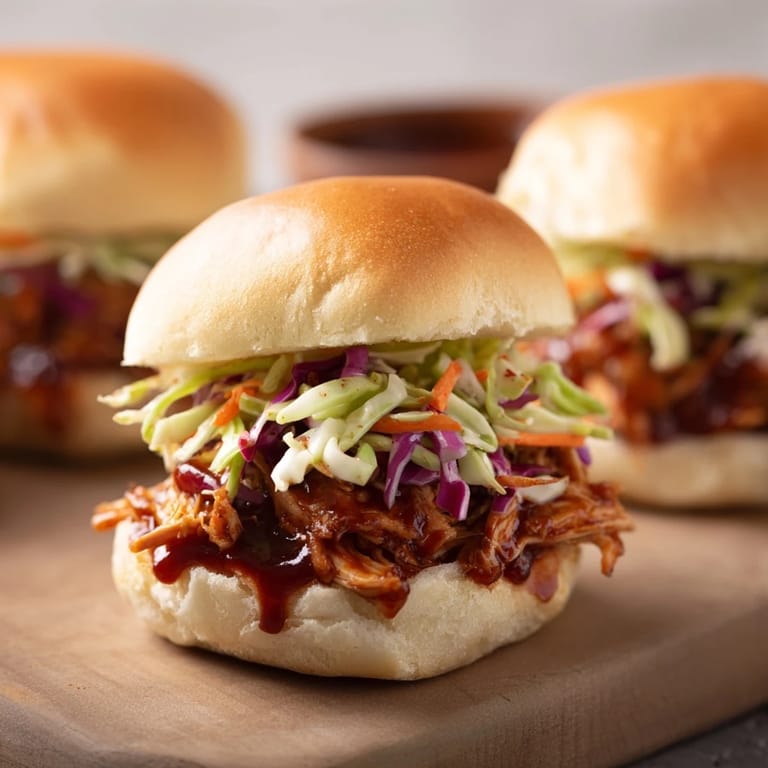 BBQ chicken sliders with crunchy slaw on fluffy buns, perfect for game day gatherings.  