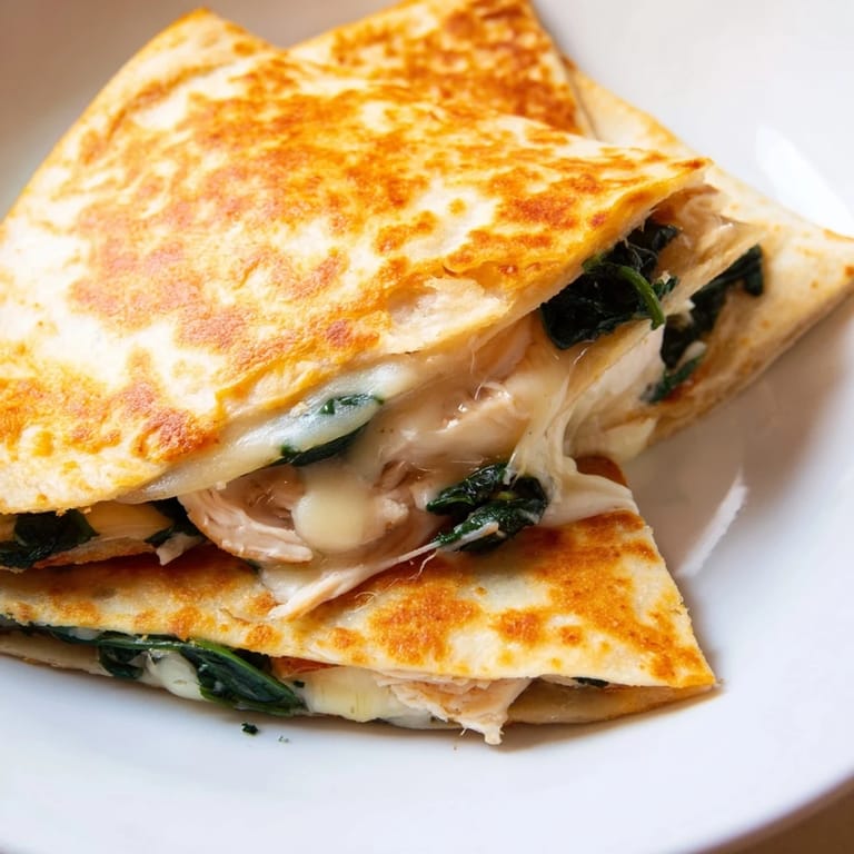 Steam rises from a sliced wedge of the Chicken and Spinach Quesadilla, revealing melted mozzarella and vibrant green spinach tucked inside.