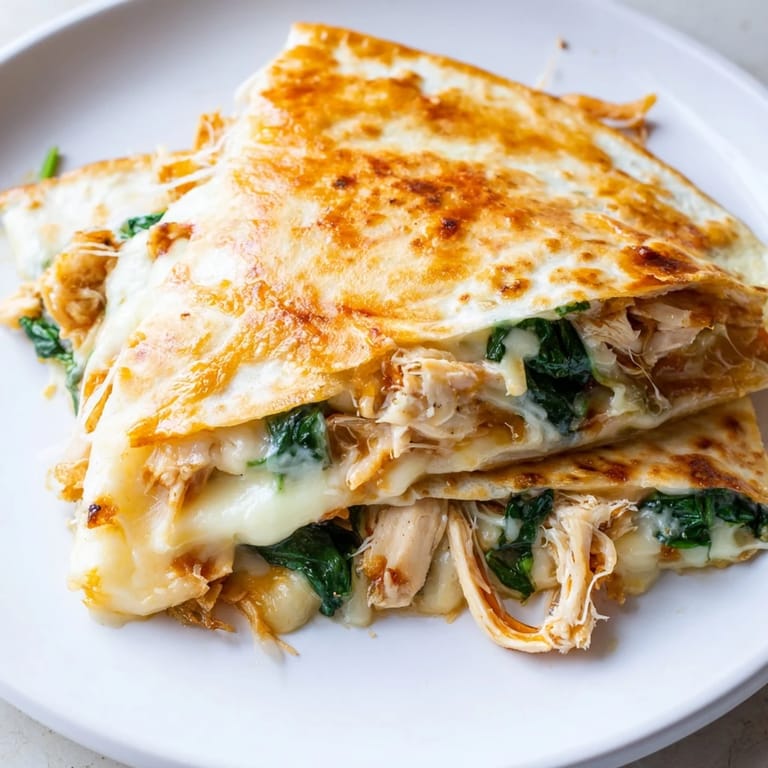 A close-up view of the Chicken and Spinach Quesadilla shows crispy tortilla edges and a generous filling of shredded chicken.