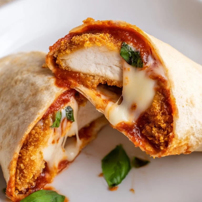 Fresh basil garnishes the Crispy Chicken Parm Wrap, served with extra marinara sauce for dipping.  