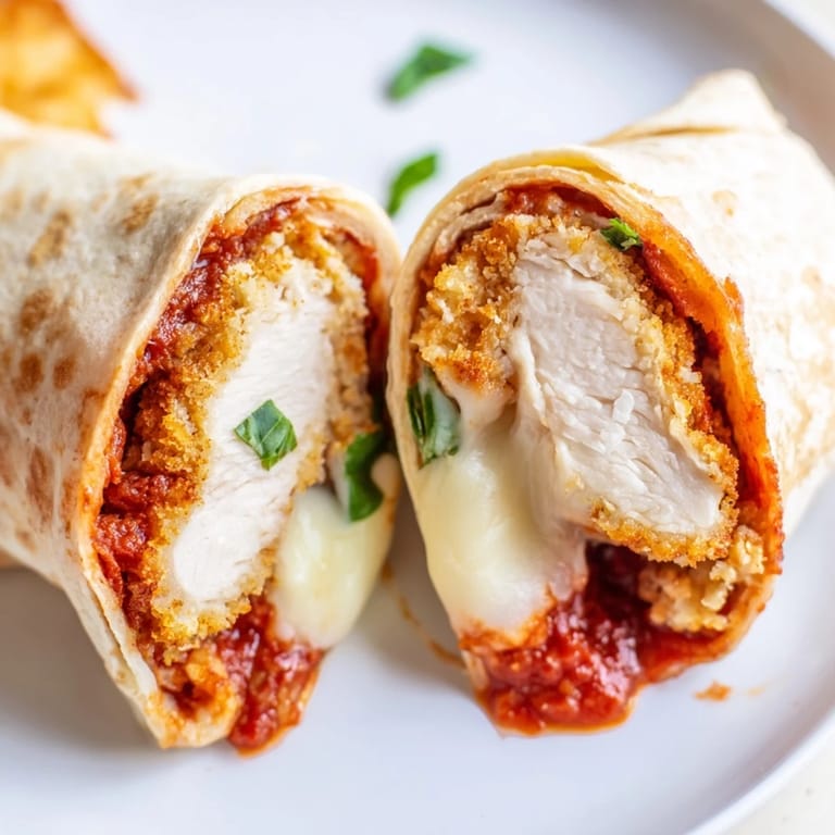 Homemade Italian-American Crispy Chicken Parm Wrap, sliced in half to reveal layers of savory fillings.