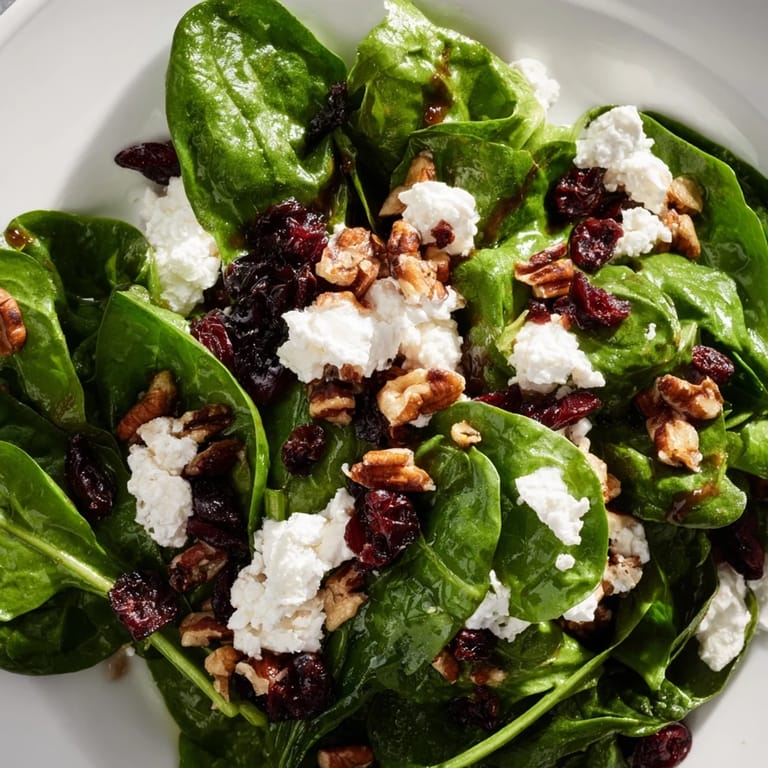 Spinach goat cheese salad with glistening candied pecans and ruby cranberries, drizzled with dressing on a rustic wooden table.